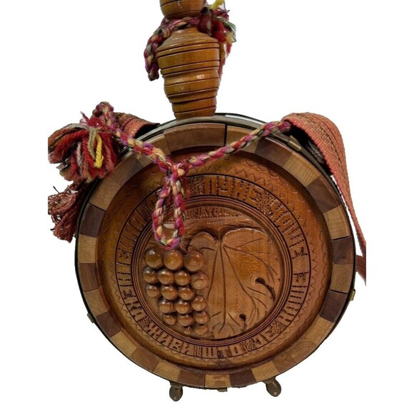 Vintage Wooden Flask Drinking Vessel Antique Hand Carved Wooden Flask  w/Strap - Picture 5 of 10